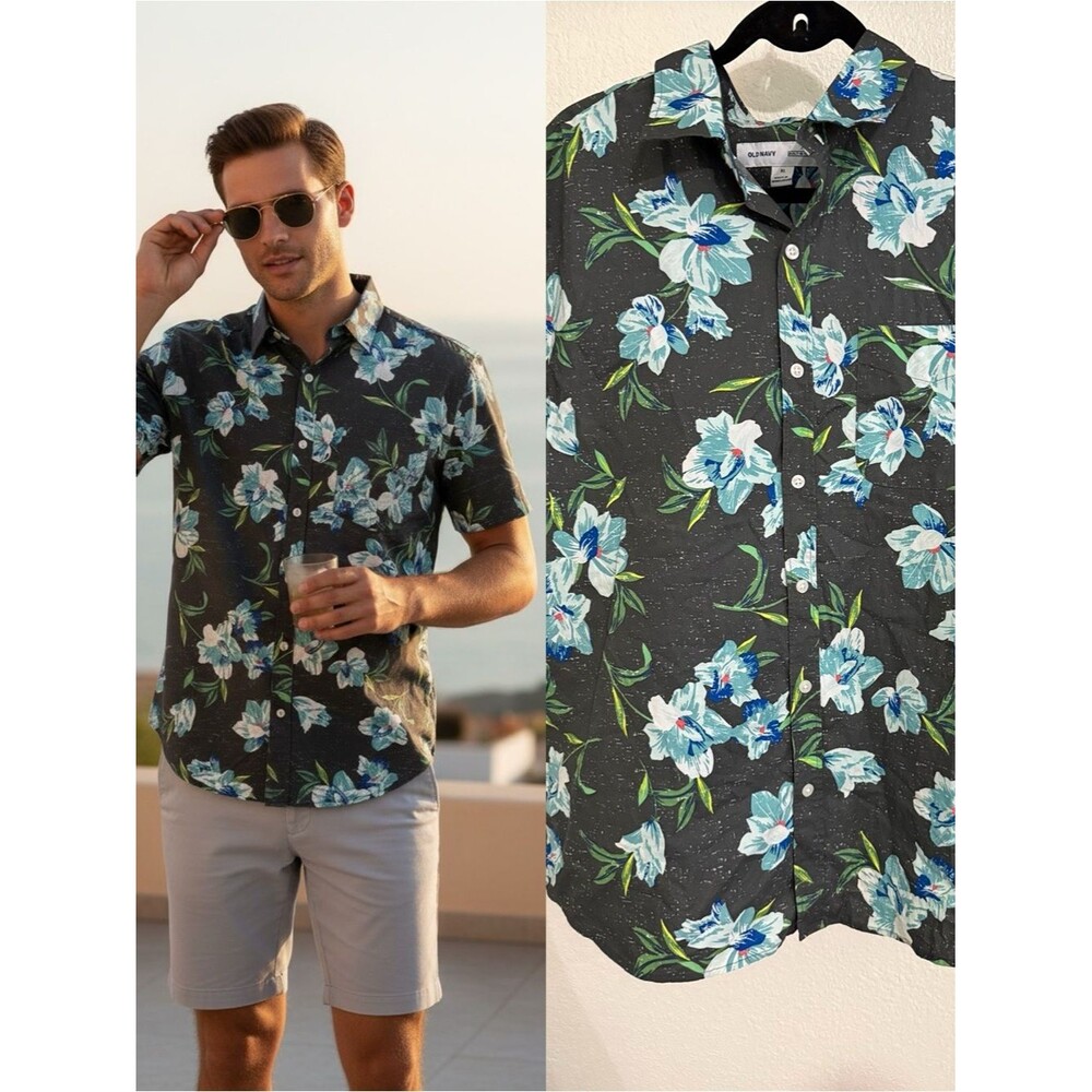 Old Navy Built-In Flex Floral Button Front Shirt XL Hawaiian Tropical SS